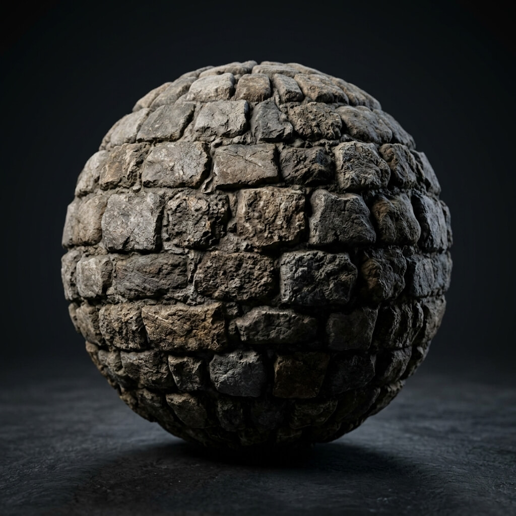 3D render of a sphere with a detailed normal map applied, showing realistic lighting and shadows on fake surface bumps