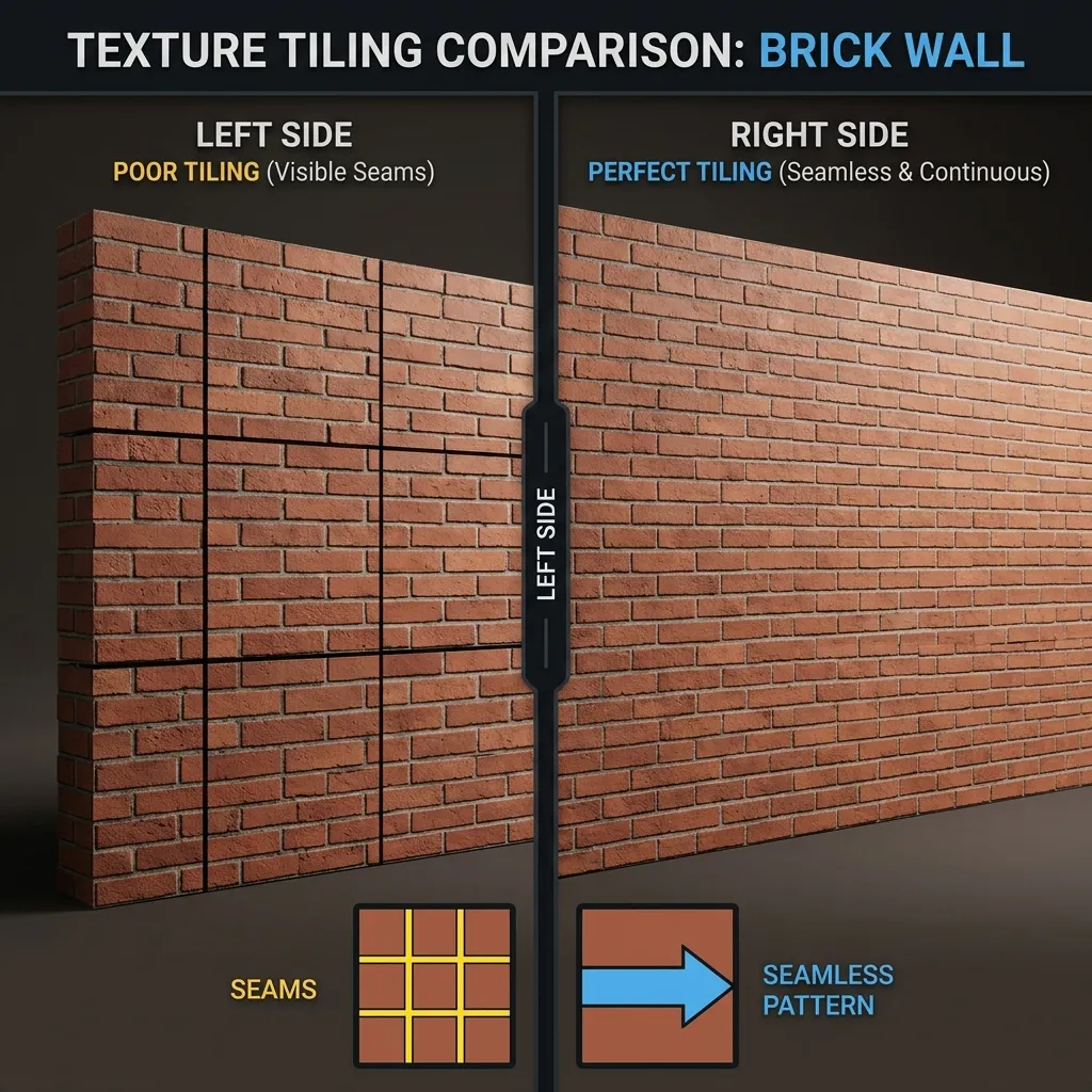 Split screen showing a standard repeating texture with grid lines versus a perfectly blended seamless texture