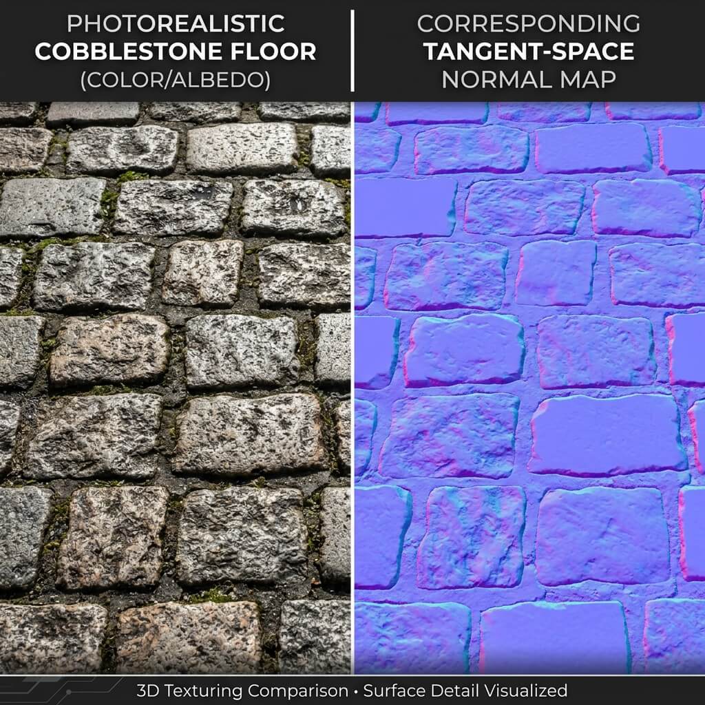 A classic tangent-space normal map showing the characteristic purple and periwinkle blue colors encoding 3D surface vectors