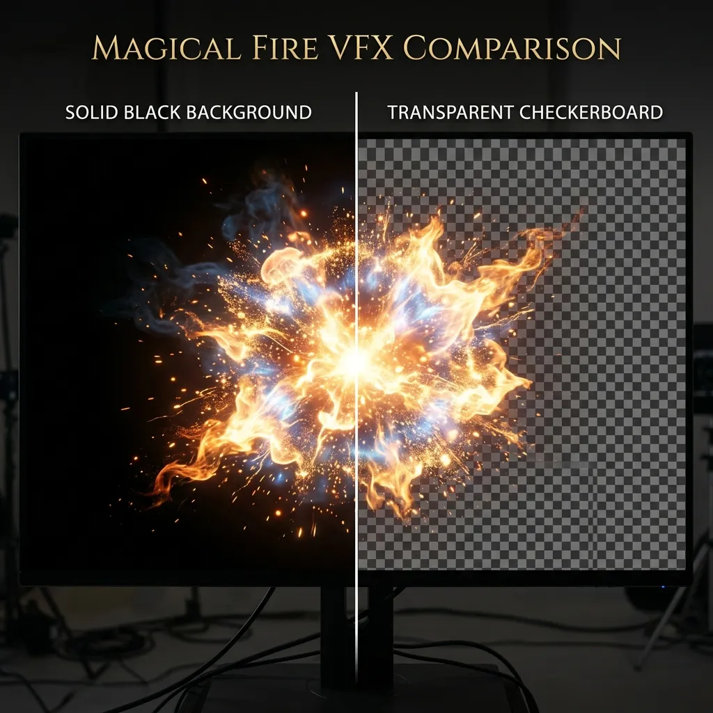 Comparison showing a magical fire explosion on a black background versus a transparent checkerboard background