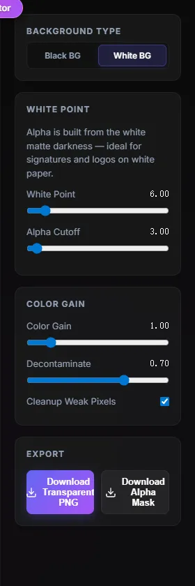 Screenshot of the Background Type UI switcher set to White BG